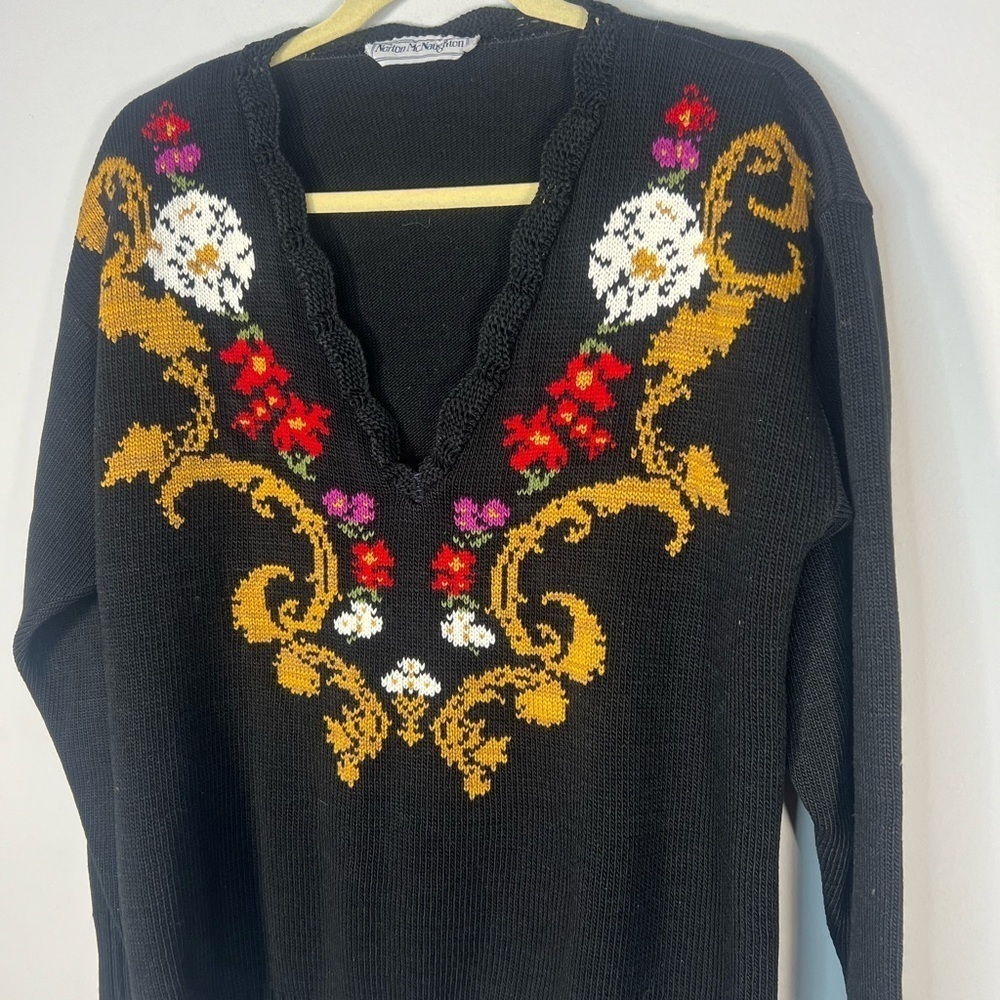 Vintage Norton McNaughton Floral V-Neck Sweater Large - Picture 3 of 6